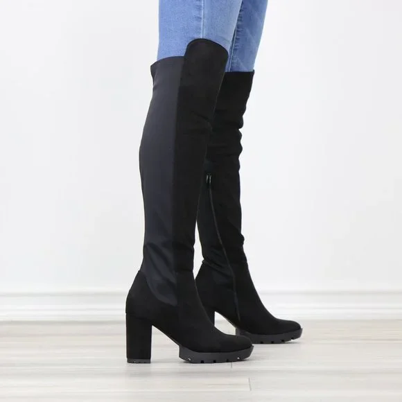 Black Thigh High Over The Knee Lug Block Heel Boots Faux Suede Round Toe - Picture 3 of 14